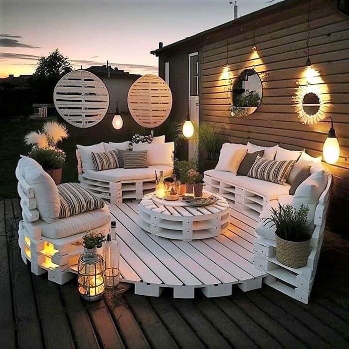 Outdoor Wood Pallet Furniture With Light And Garden Ideas 14 